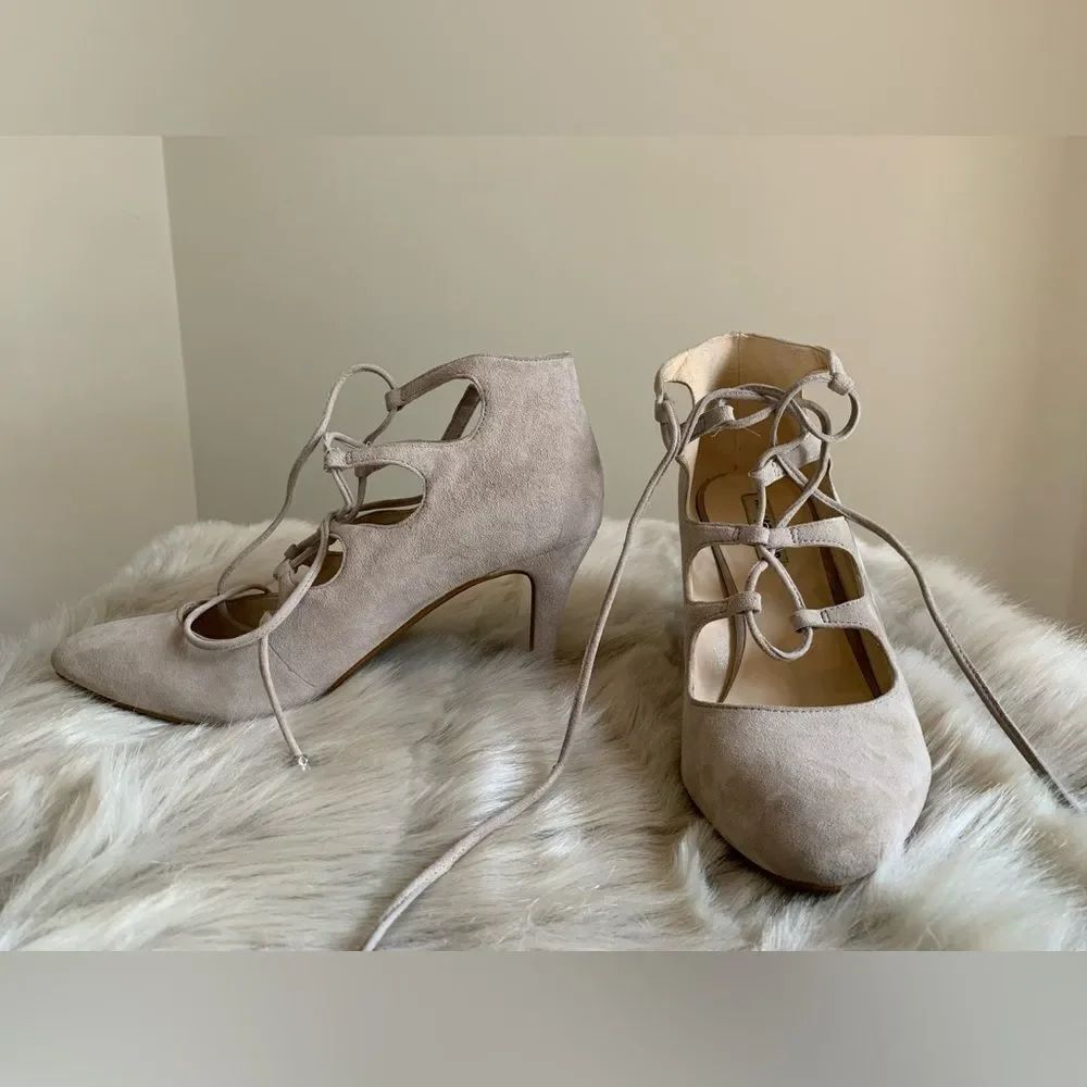 Karl Lagerfeld Paris Jasmin Taupe Suede Leather Ankle Lace up Tie Heels Pump 9M